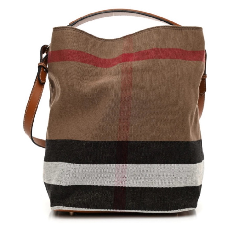 Burberry Canvas Mega Check Medium Ashby Hobo Saddle Brown